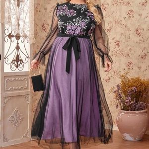 Flounce Sleeve Jacquard Bodice Mesh Overlay Dress